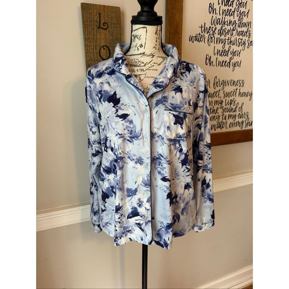 Flora by Flora Nikrooz Women's Floral Button Up Sleepshirt Pajama Top Blue Small